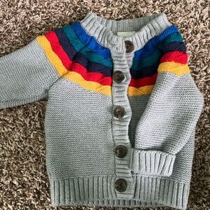 Rainbow button up sweater, size 6-12 months.